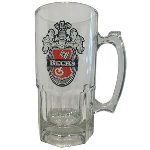 Beck’s 32oz Beer Mug German Glass Stein Vintage Barware Crest Logo Collectible